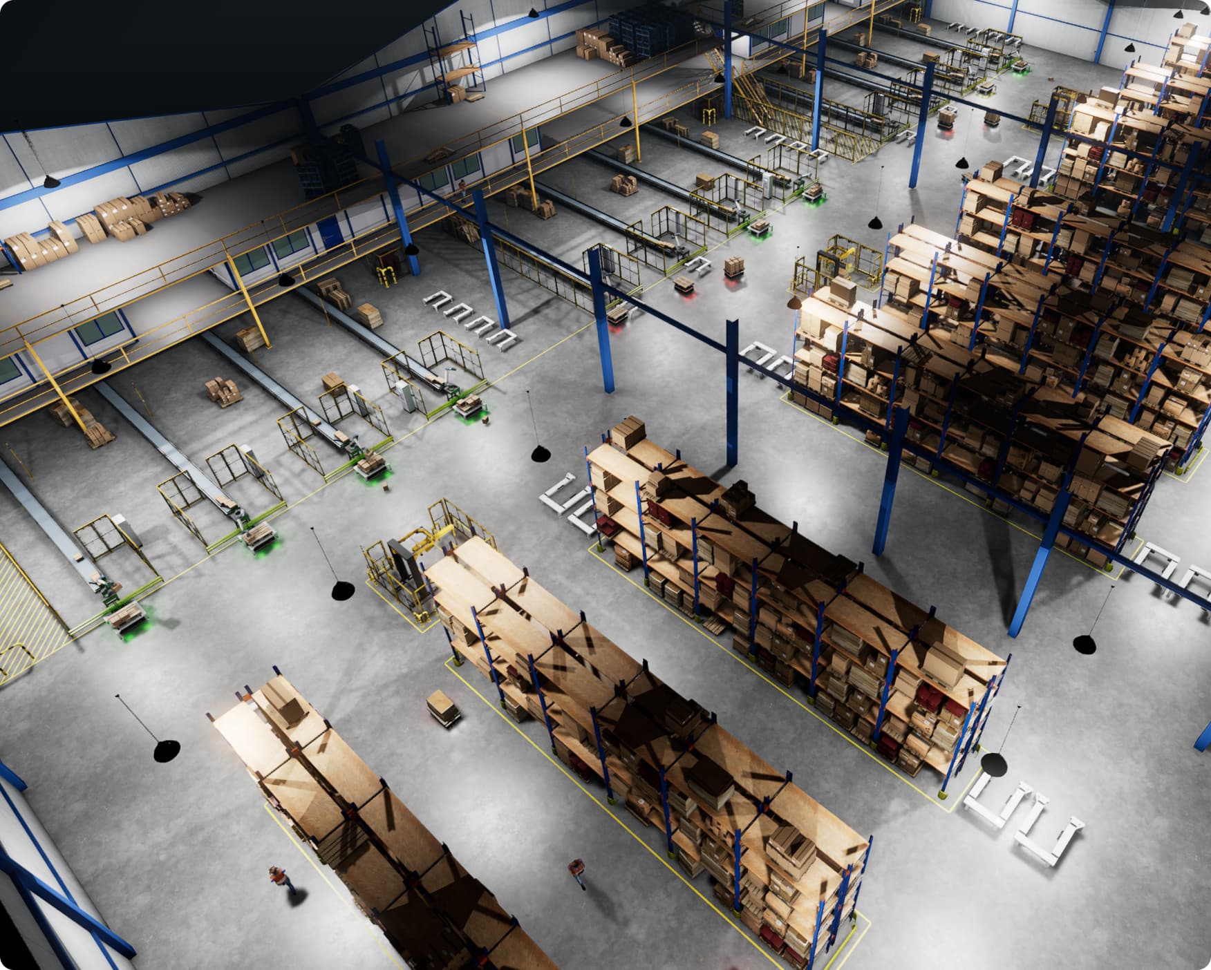 Top-down view of simulated warehouse with multiple robots