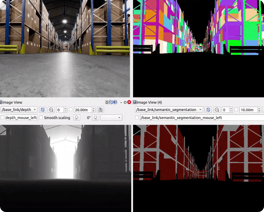Simulated RGB and depth data of a warehouse aisle