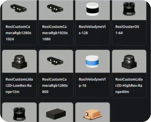 Screenshot of a component library interface showing multiple 3D sensor and camera models, including custom RGB cameras, Velodyne LiDARs, and Ouster sensors with different resolutions and ranges.