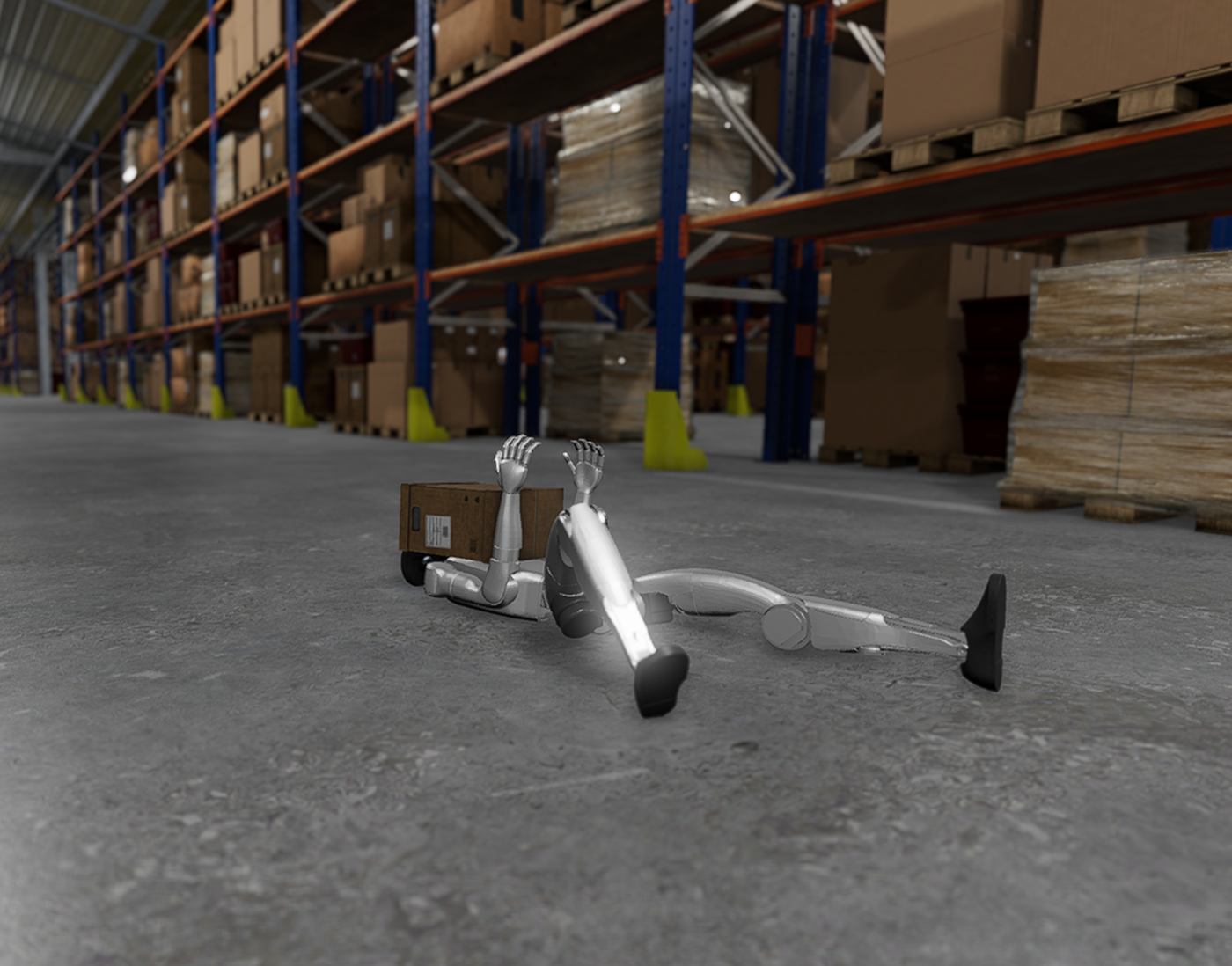 Humanoid robot fallen next to a dropped box in a simulated warehouse aisle