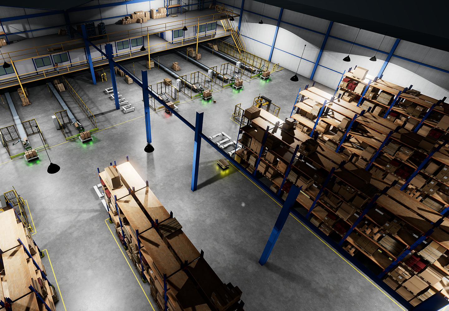 Aerial view of a simulated warehouse with racks, conveyors and mobile robots