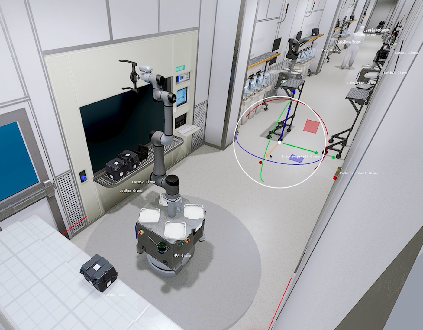 Digital Twin of a lab with a robot arm and mobile base being repositioned in the editor