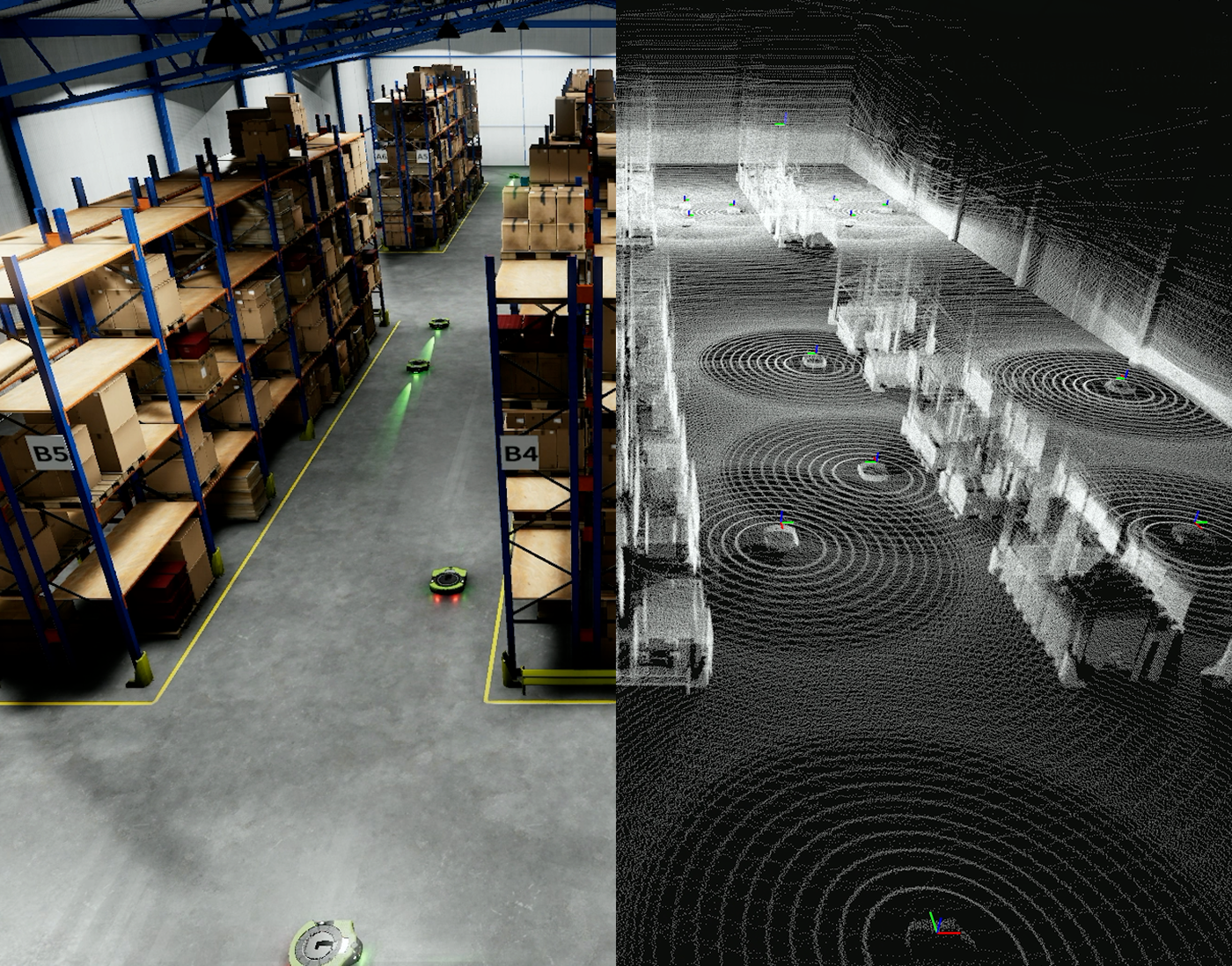 Reconstructed warehouse model shown side by side with the LiDAR point cloud it was built from